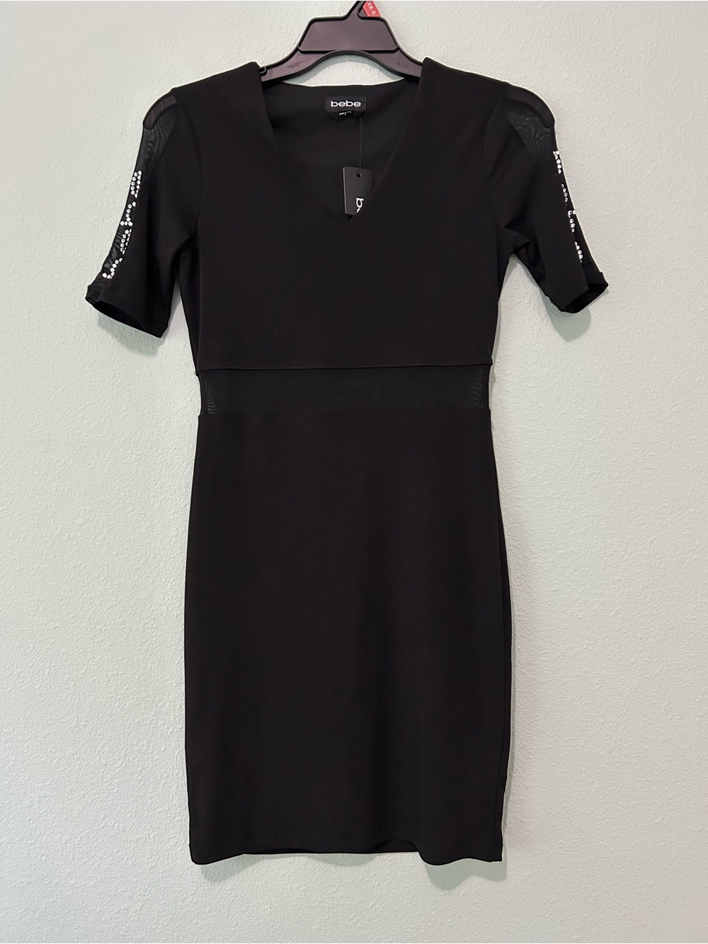 bebe Black V-Neck Mesh-Waist Knee-length Dress with Embellished Sleeves